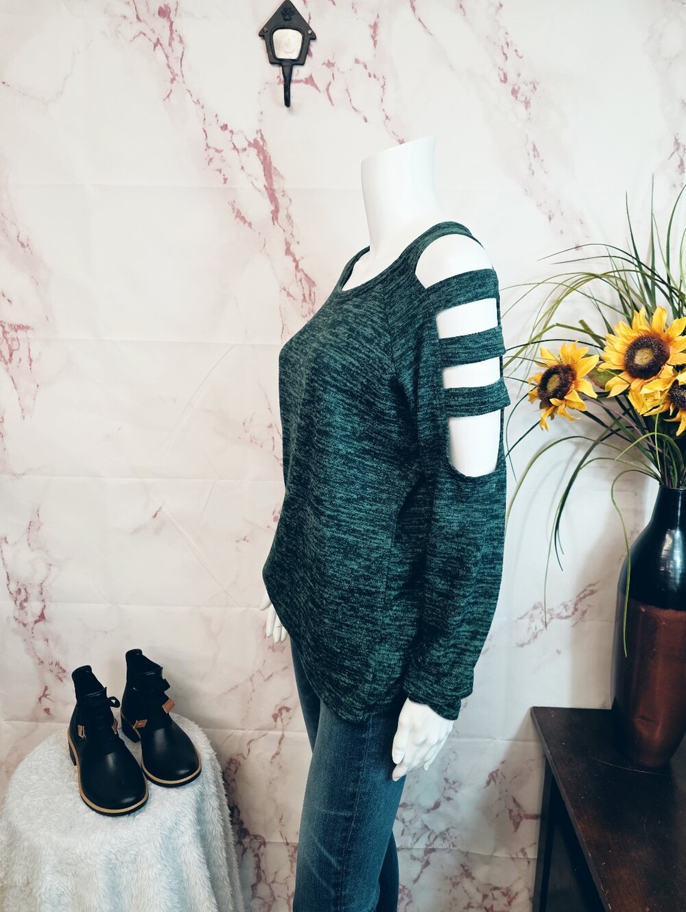 Always Indigo Cold Shoulder Ladder Sleeve Heathered Teal Long Sleeve Top Size L - Picture 4 of 7